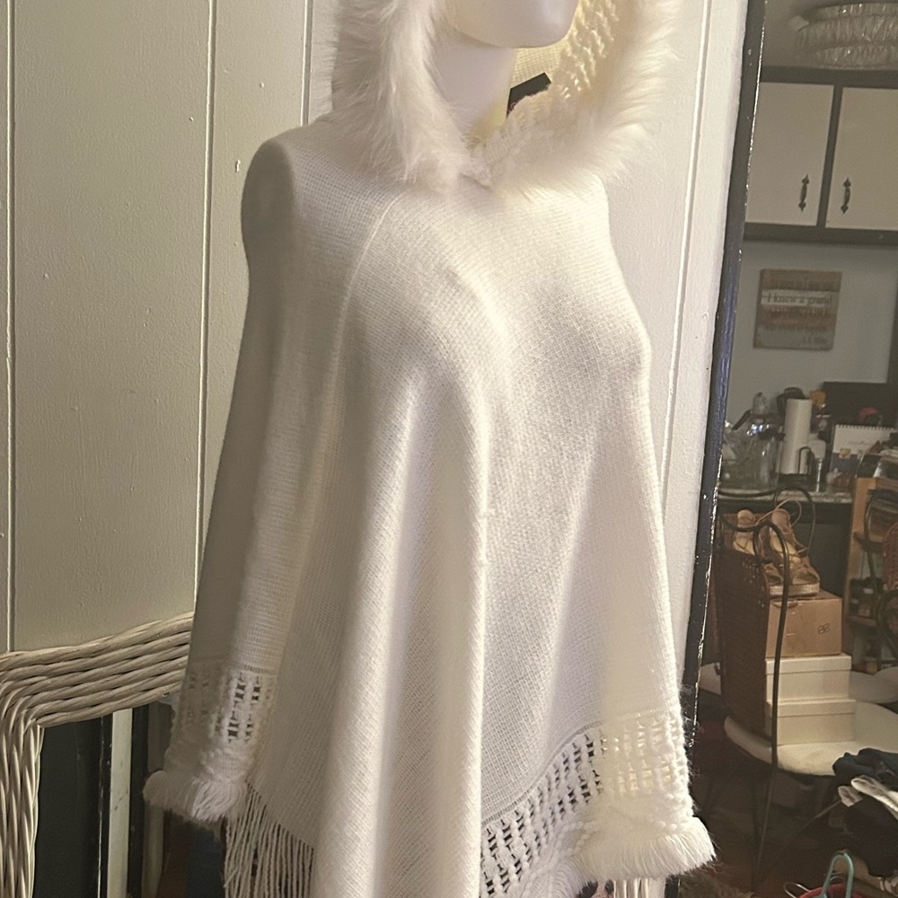 White Hooded Poncho with Fringe
